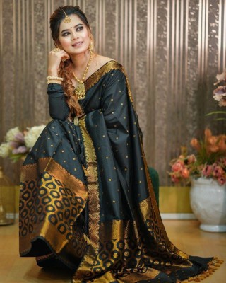 Cashing Fashion Woven Mekhela Chador Cotton Blend Saree(Black)