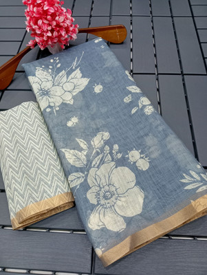 HouseOfCommon Woven Kanjivaram Linen, Cotton Linen Saree(Pack of 2, Grey)