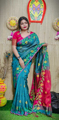 SMRITI HANDLOOM Woven, Self Design Bollywood Handloom Tissue Saree(Light Blue)