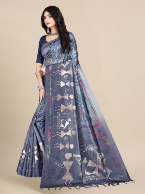 WearEZee Digital Print, Blocked Printed, Floral Print, Geometric Print, Graphic Print, Self Design Ikkat Tussar Silk, Cotton Silk Saree(Grey)