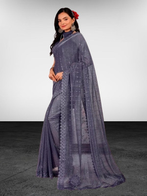 Vragi Embellished Bollywood Lycra Blend Saree(Grey)
