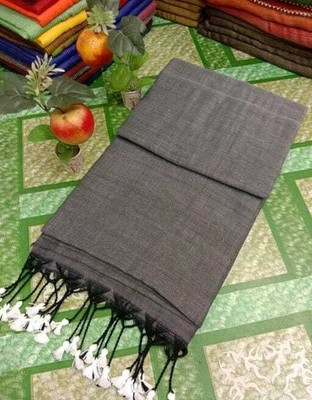 RONI TEXTILES Solid/Plain Tant Cotton Blend Saree(Black)