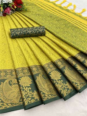 MM VENTURE Woven Kanjivaram Jacquard Saree(Yellow)