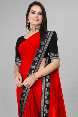 DHRAM CREATION Solid/Plain, Dyed, Floral Print, Self Design Bollywood Georgette Saree(Red)