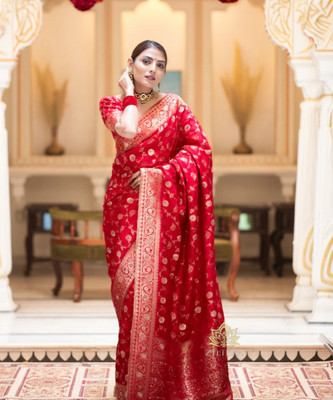 PHEASANT Woven Banarasi Jacquard, Art Silk Saree(Red)