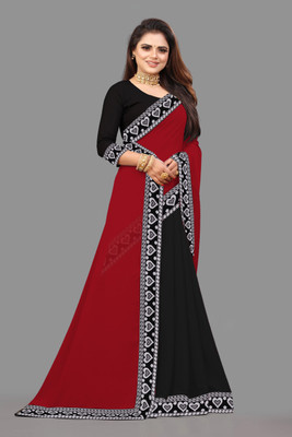 Jevlan Solid/Plain, Embroidered Bollywood Georgette Saree(Red, Black)