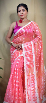 OSARIO Woven Jamdani Cotton Silk Saree(Pink)