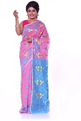 Krishneshwari Woven Jamdani Pure Cotton Saree(Pink)