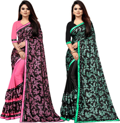 DECOFIN Embellished Bollywood Lycra Blend Saree(Pack of 2, Pink, Green)