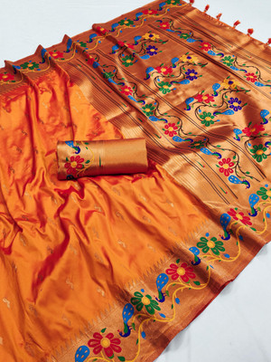Tasrika Woven Paithani Cotton Silk Saree(Orange)
