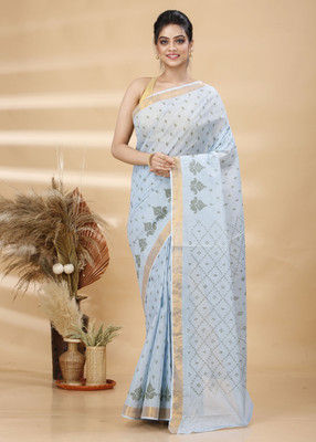 DipDiya Printed Tant Pure Cotton Saree(Light Blue)