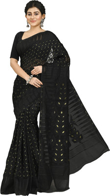 crochetin Woven Jamdani Cotton Blend Saree(Gold, Black)
