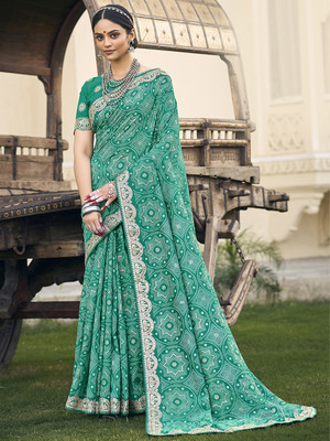 Divastri Embellished Bandhani Silk Blend Saree(Light Green)