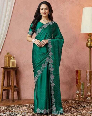 Kathiyawad Embroidered, Embellished, Floral Print, Self Design, Woven Assam Silk Georgette Saree(Green)
