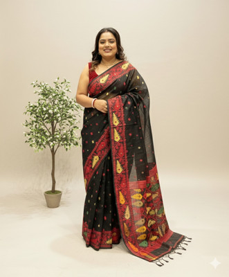 TUYA Woven Jamdani Cotton Silk Saree(Pack of 2, Black, Red)