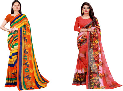 Saadhavi Printed, Floral Print Bollywood Georgette Saree(Pack of 2, Beige)