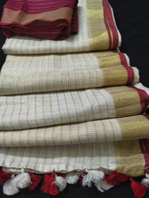Aamir Fashion Textile Checkered Bollywood Cotton Linen Saree(Cream)