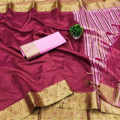 DURGA TEXTILE Printed, Self Design, Embellished, Woven, Animal Print, Blocked Printed Banarasi Organza, Jacquard Saree(Red)