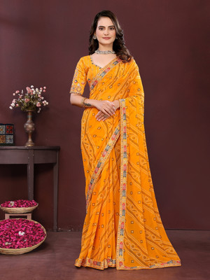 SARETRA MALL Embroidered, Printed Bandhani Georgette Saree(Yellow)