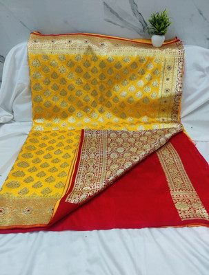 ABM Silk Sarees Woven Banarasi Handloom Silk Blend Saree(Yellow)