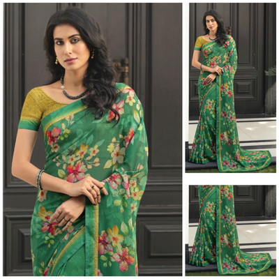 SARIK Printed, Self Design, Graphic Print, Floral Print, Checkered, Solid/Plain Bollywood Georgette, Chiffon Saree(Light Green)