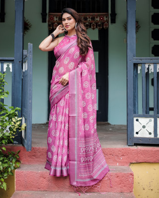 DHAYNAAND REEWA FASHION Floral Print, Digital Print Bandhani Linen Saree(Multicolor)