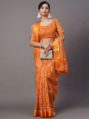 Divastri Printed Ikkat Cotton Blend Saree(Mustard)
