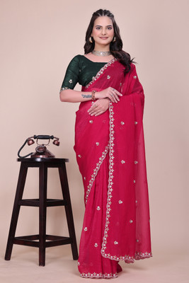 saanvi Solid/Plain, Self Design, Embroidered Bollywood Chiffon Saree(Red)
