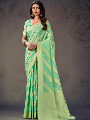 KARAGIRI Geometric Print Bollywood Cotton Blend Saree(Green)
