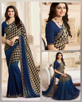 MEETVIN COUTURE Printed, Self Design, Digital Print, Embroidered, Floral Print, Solid/Plain Daily Wear Georgette, Chiffon Saree(Dark Blue)