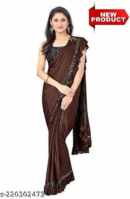 WOSTON Solid/Plain Bollywood Lycra Blend Saree(Brown)