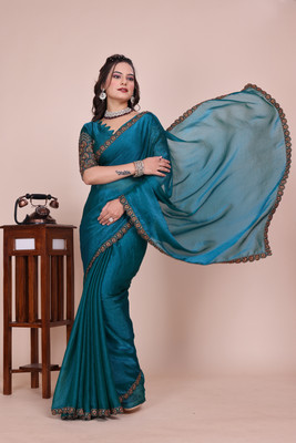 V AMAN FASHION Solid/Plain, Self Design, Embroidered Bollywood Chiffon, Jimmy choo Saree(Green)