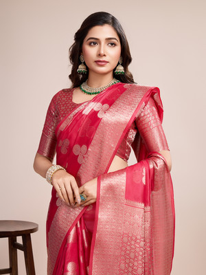 Magneitta Woven Bollywood Organza Saree(Red)