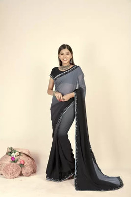 PARASITE Solid/Plain, Embellished, Color Block Bollywood Georgette Saree(Black, Grey)