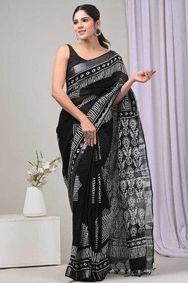 Pallo Latke Printed Daily Wear Cotton Linen Saree(Black)