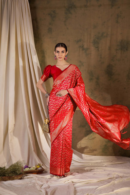 manvaa Woven Banarasi Brocade Saree(Red)