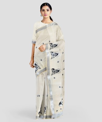 SAT Embroidered Kasavu Pure Cotton Saree(White)