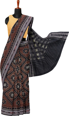 handloom paridhaan Self Design Ikkat Pure Cotton Saree(Brown)