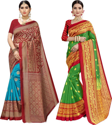 Grubstaker Floral Print, Paisley, Striped Banarasi Cotton Silk Saree(Pack of 2, Maroon, Green)