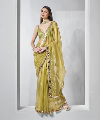 Kalista Embellished, Solid/Plain Bollywood Organza Saree(Light Green)