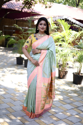 sarjan creation Woven Paithani Pure Cotton Saree(Light Green)