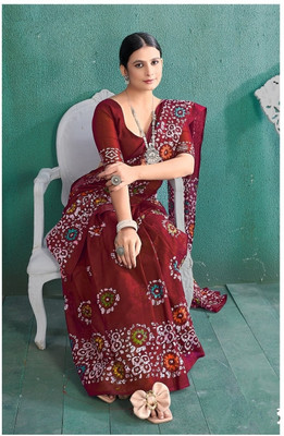 AVINIQUE Printed Bandhani Pure Cotton Saree(Maroon)