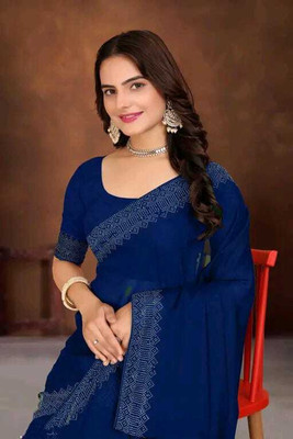 DHRAM CREATION Self Design Bollywood Georgette Saree(Blue)