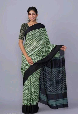 DASTKARPRINT Printed Daily Wear Pure Cotton Saree(Green)
