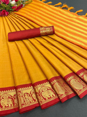 KHODALSAREEFEB Solid/Plain, Self Design Banarasi Cotton Silk Saree(Orange)
