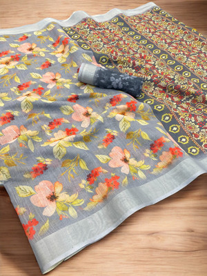 SANJEVAY Printed Assam Silk Linen Saree(Multicolor)