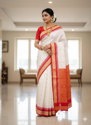 AJMERA FAISHON Woven, Self Design, Temple Border Sambalpuri Art Silk Saree(White, Red, Gold)