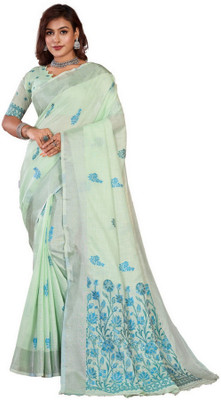 NEGRONI Printed Daily Wear Linen Saree(Light Green)