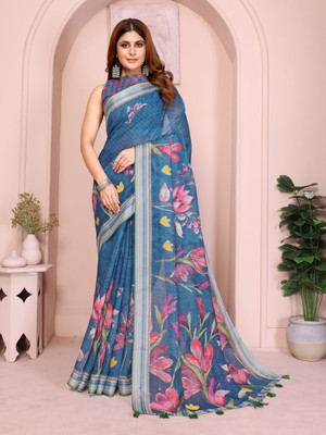 GRANTHCREATION Digital Print Bollywood Cotton Linen Saree(Multicolor)