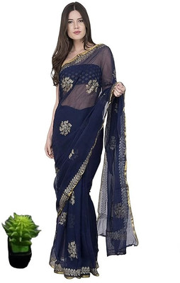 The Fashion Attire Embellished Bollywood Chiffon Saree(Dark Blue)